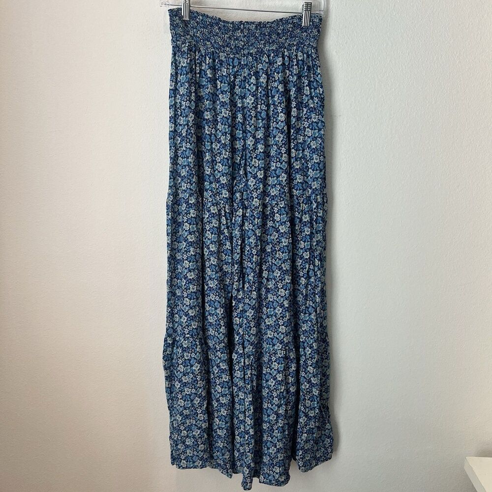 Aerie Smocked Waist Super Wide Leg Party Pants Women's M Boho Blue Floral - Picture 4 of 8